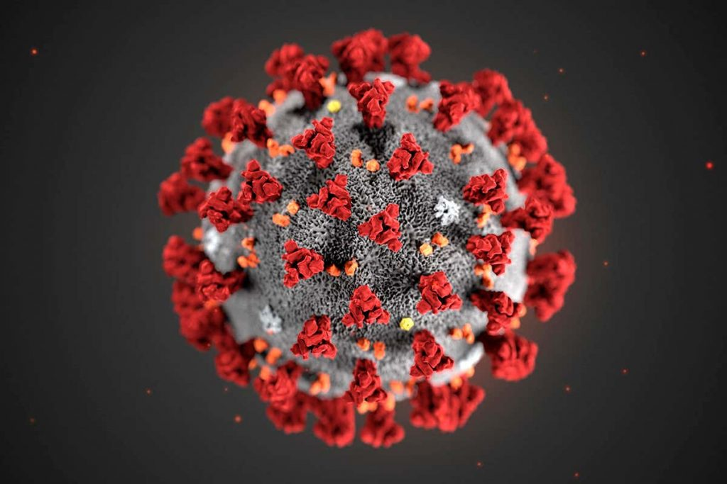 Microscopic view of a virus, a gray ball with red bunches of illness reaching out.