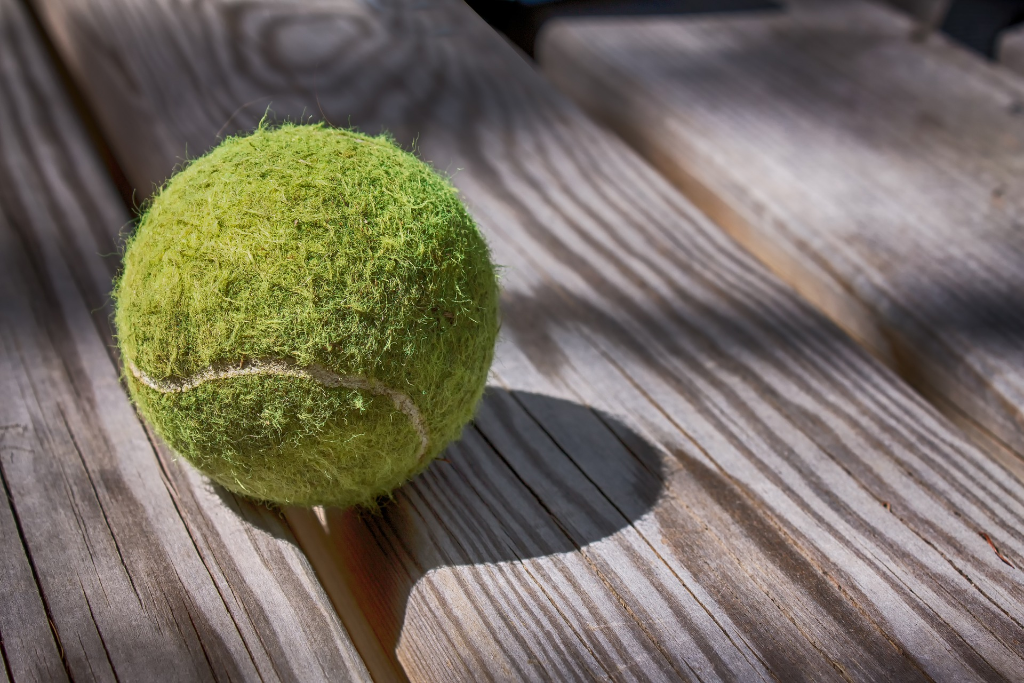 Forgotten tennis ball sitting on a wood deck