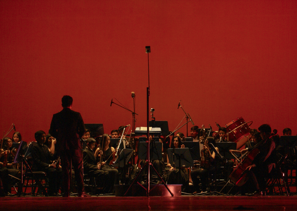 An orchestra performing in front of a deep red background.