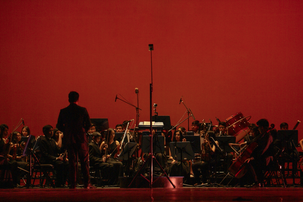 An orchestra performing in front of a deep red background.