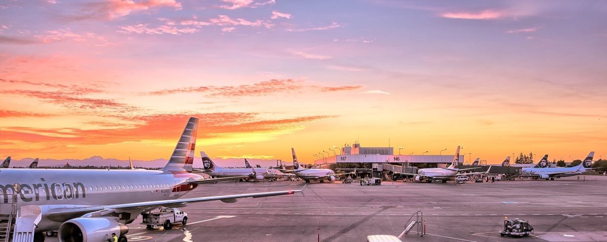 An airport at sunset.