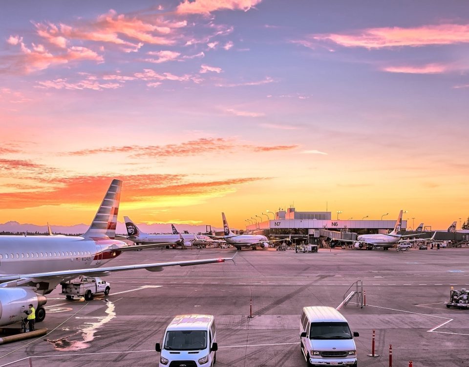 An airport at sunset.