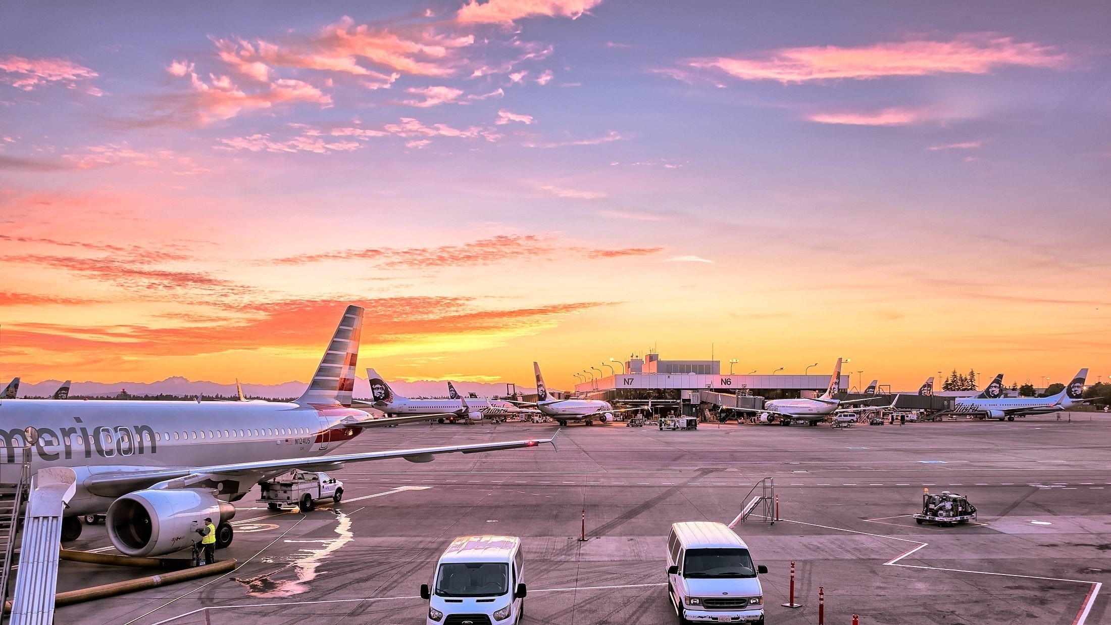 An airport at sunset.